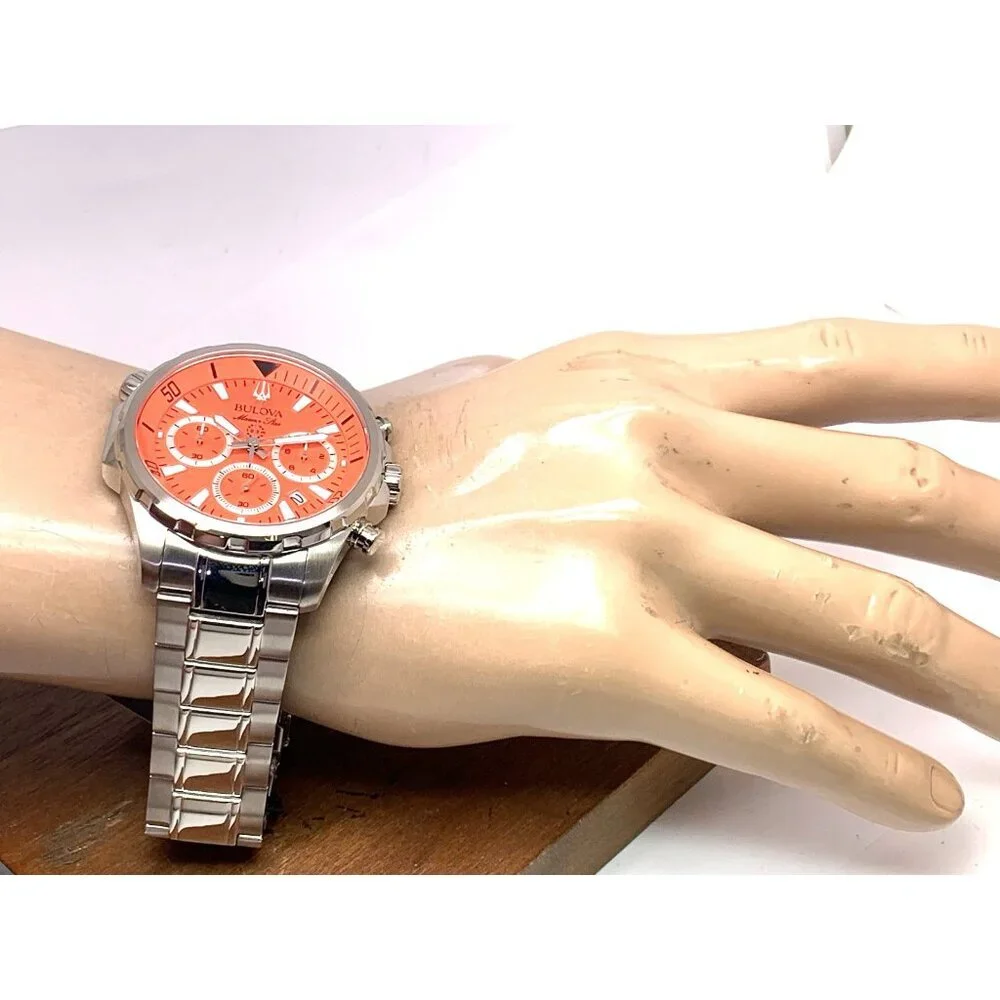 Bulova Men's Watch 96B395 Marine Star Orange Dial Chronograph Silver Steel 43mm